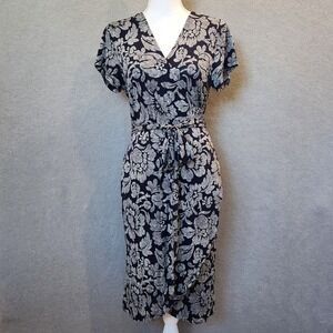Ann Taylor LOFT Wrap Dress Women's M Navy Blue‎ & White Floral Dotted